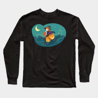 Halloween Young Witch & Cat Long Sleeve T-Shirt